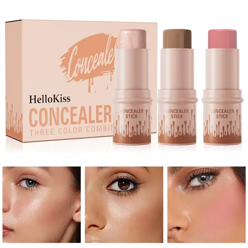3-Pack Make Up Cosmetic Stick Set - Flawless Illuminator Highlighter, Contour & Blush Trio, Long-Lasting Waterproof Concealer Pen for Natural Face Sculpting & Radiant Glow. #backtoschool