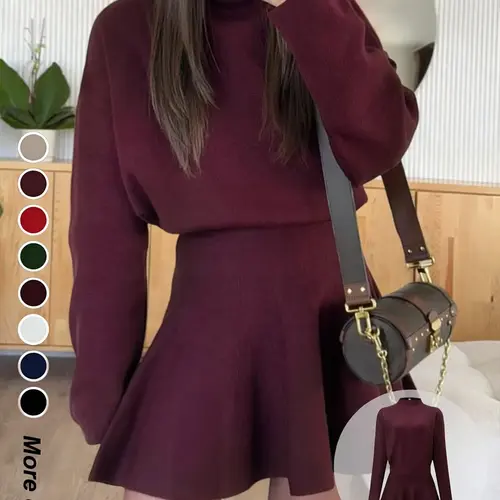 Women's Casual Basic Everyday Mock Neck Soft Sweater Dress, Casual Wear Fall/Winter Long Sleeve Solid Relaxed Fit Knit Dress Womenswear Casual Daily Outfit Casual Dresses