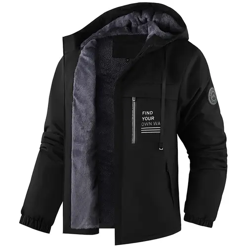 Men's Fleece-Lined Hooded Jacket - Menswear Tops, Stylish Versatile Long Sleeve Outdoor Casual Windproof All Weather Waterproof Thick Coat