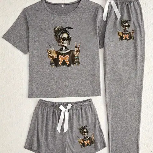 Halloween Skull Girl Print Pajama Chic Set Knit Pjs for Women, Fitted Pajama Sets, Casual Fitted Sleepwear Loungewear, All Seasons Comfortable Nightwear, Moderate Fabric Thickness, Everyday Womenswear