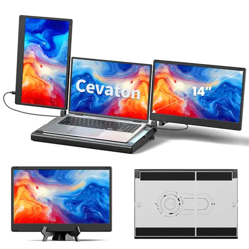 Cevaton 14" Lightweight Laptop Screen Extender with 360° Rotate Metal Stand, 1080P FHD IPS Horizontal/Vertical Display, Dual Monitor Setup, Multi-Monitor Mode, Freestanding, Dual Video Output Required, #TikTokBackToSchool