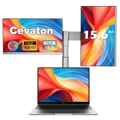 Cevaton 15.6" Portable Monitor for Laptop, Dual Screen Monitor Extender, 1080P IPS Dual Display with Desktop Stand, Swivel Horizontal/Vertical Viewing, Built-in Speakers, Monitor Only, Minor Cosmetic Imperfections, Dual Video Output Required