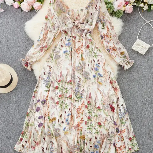 Women's Elegant Floral Flower Print Woven Long Sleeve Midi Dress, Casual Boho Fit French European Inspired Fashion Dress