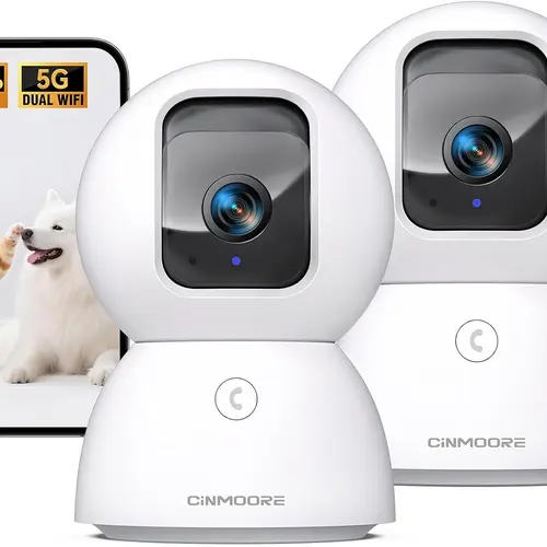 CINMOORE 3K 5G Indoor Security Camera, Non-Subscription AI Person/Pet Detection & Face ID, Pet/Dog Camera w/ Phone App, PTZ WiFi Baby Monitoring Camera for Mum, 2-Way Audio Button, Crystal Color Night Vision, SD Card/Cloud Recording,2PC