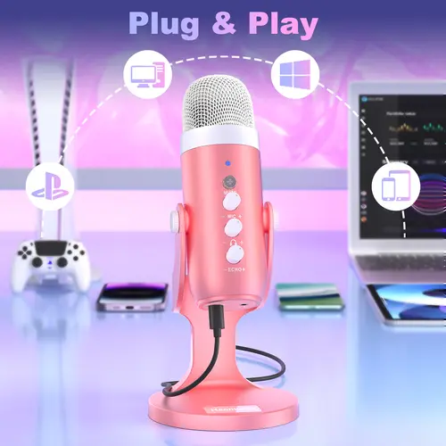 Haomuren Wired USB Condenser Microphone with Base Stand & Type-C Adapter, PC Accessories, Plug-and-Play for PC Gaming, PS 4&5, Mobile, Mac&Windows Audio with Monitor Adjust, Volume Control, Mic Gain Control, Mute Button for Podcasts