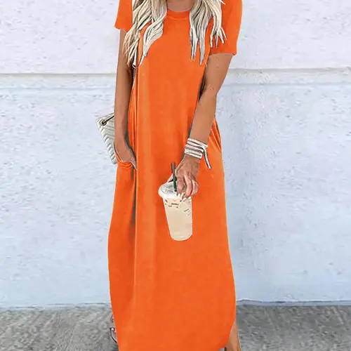 Women's Casual Wear Short Sleeve Fitted Maxi Dress, Round Neck Knit Long Dress with Pockets for Summer Womenswear, Casual Chic Dress