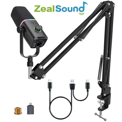 ZealSound XLR/USB Dynamic Microphone (Not for Xbox) with Boom arm stand for Gaming Podcasting, Mic for iPhone Phone PC Computer laptop mixer sound card, live Streaming Mic with RGB Light,Mute Button,Mic Gain,Headphones Jack, Singing YouTube Recording, Ps5