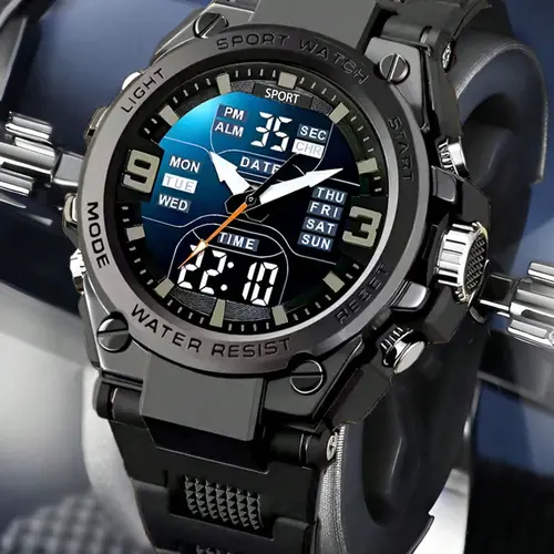 Durable Tactical Electronic Sport Watch Dual Display Wristwatch with Dual Display Screen, Date & Day Show, Ideal for Outdoor Adventures, Summer Vacations and Art Festivals, Water Resistant Digital Watch
