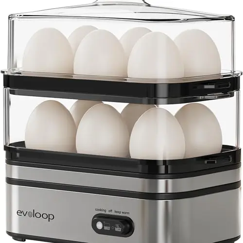 EVOLOOP Rapid Egg Cooker Electric 12 Eggs Capacity, Soft, Medium, Hard Boiled, Poached, Omelet Maker Egg Poacher & Vegetable Steamer, BPA Free Tray,home essentials