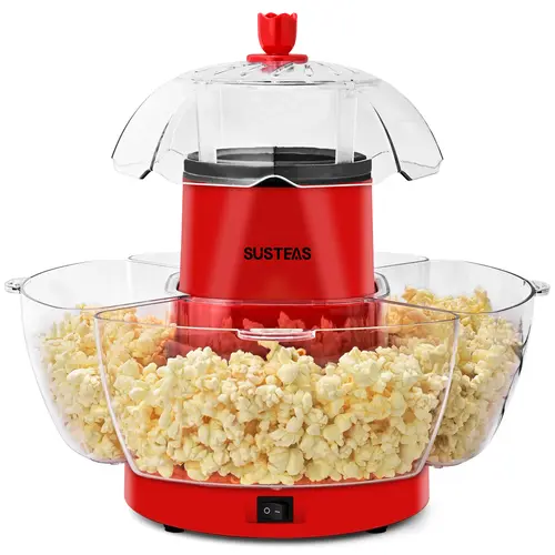 SUSTEAS American Corded Hot Air Popcorn Maker - 4 BPA-Free Food Grade Easy-Remove Bowls, Oil-Free, Heatable, Quick Popcorn Fix, Energy Efficient, Easy to Clean, Ideal for Family Movie Nights