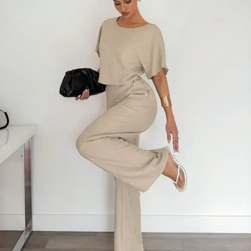 Women's Short Sleeve T-Shirt & Wide-Leg Pants Set, Suit, Woven Fabric Casual Aesthetic Loose-Fit Baggy Outfit for Spring & Fall, Comfortable Everyday Wear Apparel
