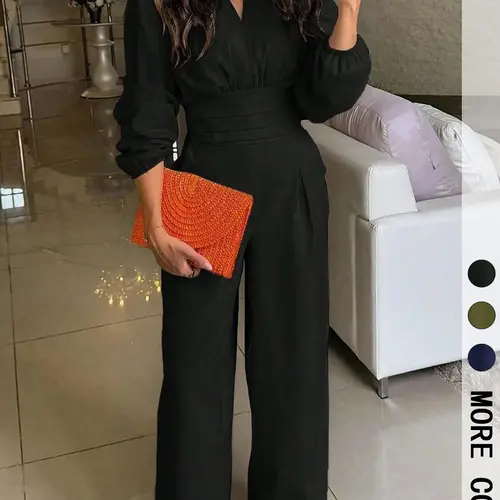 Women's Solid Color Puff Sleeve Wide-Leg Chic Casual Jumpsuit Long Sleeve , Fit & Structured Material & Cutout Waist Detail & High-Waisted Silhouette & Loose Legs & Multi-Color Options 1pc （Upgraded fabric）