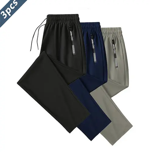 Men's 3-Pack Ice Silk Sports Pants - Drawstring, High-Elasticity, Zippered Pockets, Thin, Skin-Friendly Smooth Fabric, Breathable Activewear - Machine Washable, Dry Clean Options - Ideal for Summer Indoor/Outdoor Fitness, Drawstring Men's Pants, Dry Clean