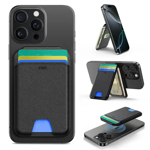 ESR MagSafe Black Carbon Fiber Smartphone Wallet - 3/5-Card Holder, RFID Blocking, Durable Vegan Leather, Adjustable Stand, Slim for iPhone 17/16/15/14/13/12 Series (Not Mini), Mobile Cover Compatible, Battery-Friendly Design, Black Carbon Fiber-5 Cards