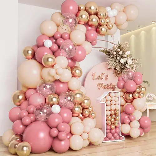 109pcs Retro Blush Pink Gold Boho Bohemian Balloons Set, Confetti Mix Latex Colorful Balloons for Girl's 1st Bday Magic Party Decoration, Wedding Supplies, Boho Style