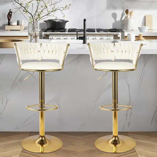 Velvet Bar Stools Set of 2, Modern Upholstered Swivel Bar Chairs with Adjustable Height and Low Back, 360° Gold Base Counter Height Stools for Kitchen Island, Bar or Pub