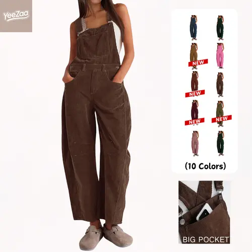 Women’s Corduroy Overall Barrel Wide-Leg Bib Corduroy Pants from YeeZaa 2026 Spring Adjustable Romper Jumpsuit with Pockets for Fall/Winter
