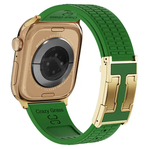 CrazyGrass Soft Silicone Smart Watch Strap, Grid Texture Breathable Replacement Band with Gold Magnetic Buckle, 44Mm / 45Mm / 46Mm / 49Mm for Series 10 Ultra Outdoor Daily Wear (Watch Not Included), Wearable Accessories, Green Band+Gold Buckle
