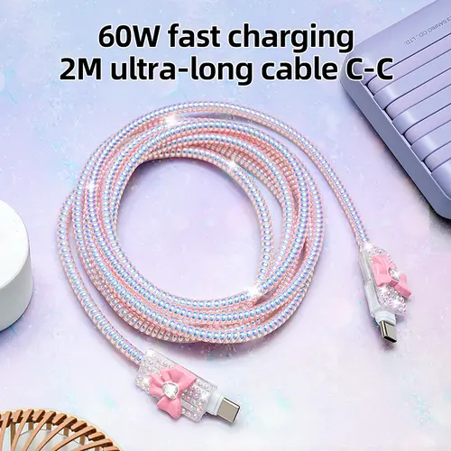 60W Type-C to Type-C Fast Charging Cable - 2M Extra Long Crystal Bow Style Data Charger for iPhone, Samsung Cellphone, iPad Electronic Device