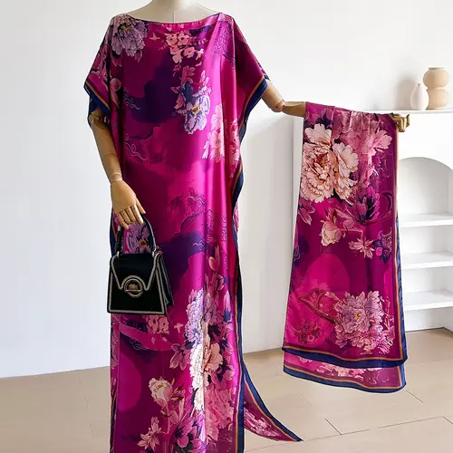 Elegant Floral Print Dress Set, Long Robe & Scarf, Beach Cover-Up, Sun Protection, All Seasons Wear, Women's Fashion, Beach Outdoor Wear, Beach Cover Ups, Beach Coverups