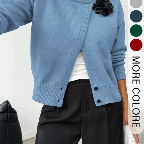 Women's Casual Knit Soft Pullover Sweater, Round Neck Long Sleeve Button Front Split Design, Fall & Winter Fashion Knitwear Womenswear Fabric