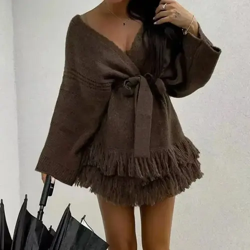 Women's Elegant Floral Print Blouse Knit Cardigan Fringe Belt, Casual Knit Tops Long Sleeve Button Front Top, Comfortable Polyester Fabric, Perfect for Daily Wear Knitwear Fit