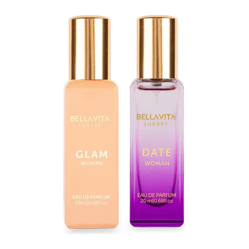 BellaVita Luxury Women’s Perfume Combo | Glam – Jasmine, White Honey, Rose & Cedar | Date – Pink Pepper, Red Fruit & Jasmine | 20ml Mini Eau De Parfum Each | Fruity, Floral & Spicy | Long Lasting, Portable, Vegan & Cruelty Free Perfume Set