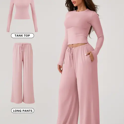 Women's Basic Two-Piece Homewear Set, Nightwear, Sleepwear Loungewear, Soft Breathable Long-Sleeve T-Shirt and Loose Fit Wide-Leg Pants with Adjustable Drawstring, Casual Loungewear for Home Wear