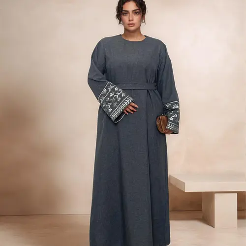 Women's Ethnic Pattern Floral Embroidery Long Sleeve Dress, Casual Round Neck Zipper Dress for Daily Wear, Islamic Clothing for All Seasons, Classy Modest Dresses, Muslim Outfits, Modest Clothes, Casual Kaftan Dress