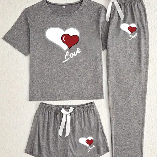 Women's Heart Print Pajama Set, Casual Fitted Sleepwear, All-Season Comfortable Nightwear, Three-Piece for Women, Loungewear