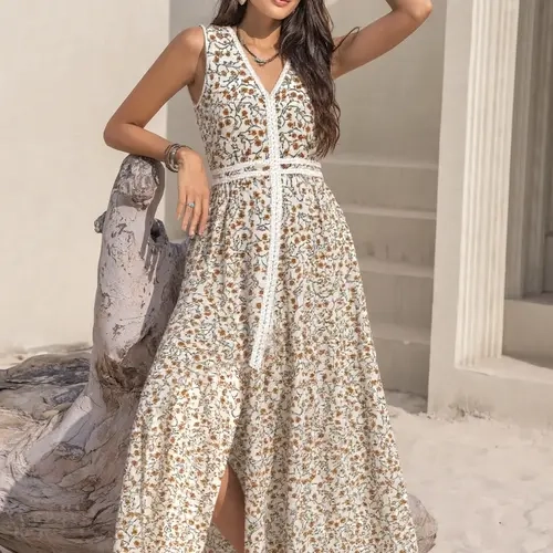 A long, sleeveless, casual vacation dress with a lace collar for womenboho easter beach outfits hawaii Coachella Music Festival Tropical vacation