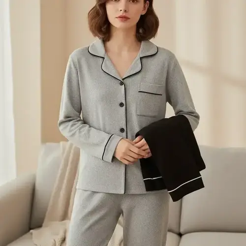 Women's 2-Piece Lapel Cardigan Set, Casual Loose-Fitting Long-Sleeve Knitwear, Fall & Winter Loungewear Homewear Nightwear Pajama Pjs Womenswear Outfit