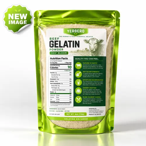Yerbero Premium Unflavored 300° Bloom Bovine Gelatin Powder 4oz (114g) - Sugar Free Thickener, Plastic Bottle, Cupboard-Storable Culinary & Baking Thickening Agent | Grenetina en Polvo Sin Sabor
