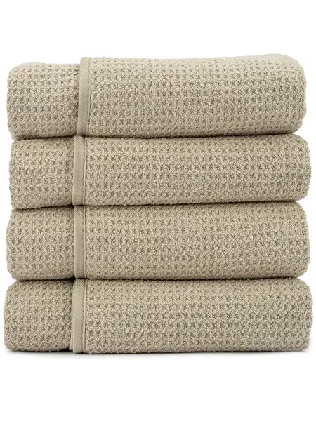 AURA by S&T INC. Waffle Bath Towels, 4 Pack, 30x60 Inches, Tan, Absorbent Microfiber, Versatile for Bathroom & Pool