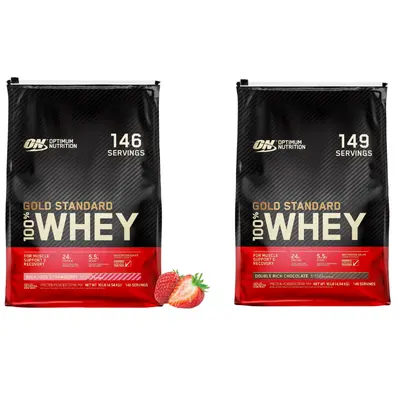 Optimum Nutrition Gold Standard 100% Whey Protein Powder BUNDLE -- Double Rich Chocolate & Delicious Strawberry 10 lbs Bundle Supplement for Fitness Dietary Healthcare Muscle Smooth