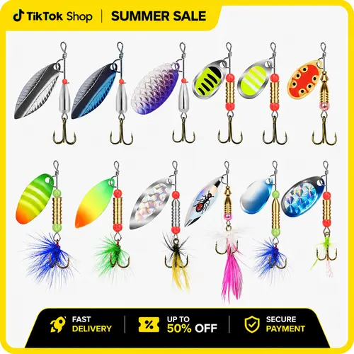 TRUSCEND 12pcs Rooster Tail Spinner Baits Fishing Hook Set - Heavy-Weight Copper Propeller Blades, Sharp Treble Hooks, 360° Rotation, Assorted Sizes, Bright Color Blades, Bass & Trout Ready for Adults, Father's Day Gift, Propeller Shape