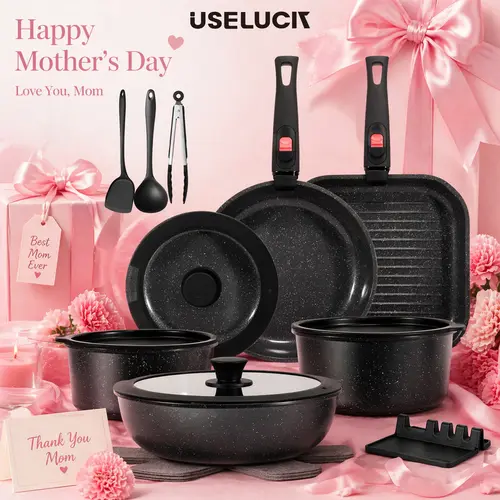 USELUCK 22-Pcs Cream Titanium Nonstick Aluminum Cookware Set - Durable, Easy Clean, Induction & Gas Compatible, Heat-Resistant Wood Handle, All Stove Suitable, Nonstick Pots
