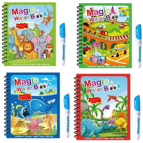 Hatwoo 4-Pack Reusable Magic Water Doodle Books with Art & Coloring Graffiti Pens (Random Color), Educational Drawing Paper Books with Animal Themes, Christmas Gift for Kids