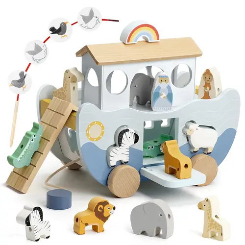 Joyreal Wooden Noah's Ark Toy for 1 Year Old Baby Boy and Girl Baptism Gift, Neutral Color Montessori Educational Toy with Animal Shape Sorter Christian Toys for Toddler 1-3 Christmas Birthday Gift, #backtoschool