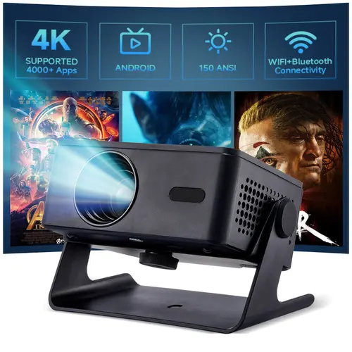 Portable DLP A32 Projector - 1080P Full HD, 150 ANSI, 3s Auto Focus, Keystone Correction, Android 13, WiFi-Bluetooth, 980g Lightweight Body Eases Long Carry, 180° Rotation, Remote Control, Tabletop Home Theater Projector for Father's Day Watch Party