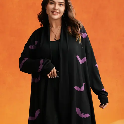 BloomChic Plus Size Women's Knit Cardigan - Goth Bat Print Open Front Longsleeve Sweater, Soft Rayon Layering Top, Casual Curvy Clothing, Plus Size Fashion, Women's Clothes, Cardigans，SohoChic