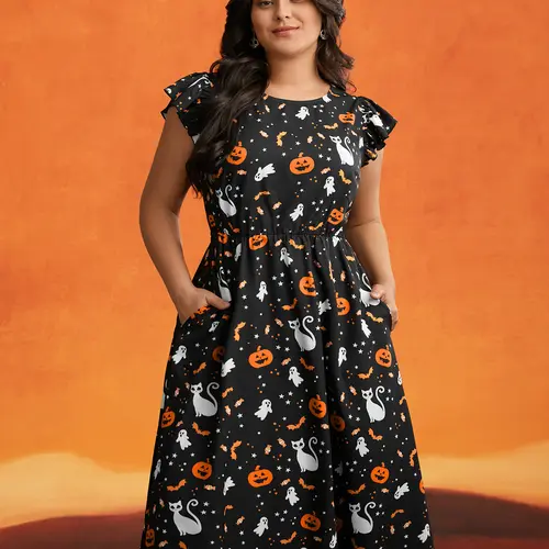BLOOMCHIC Pumpkin Printed Ruffle Sleeves Midi Dress - Casual Halloween Style Cap Sleeve Round Neck Black Deeppurplered Deepred Brightorange Deeppurple Costumes Party Pocket Womenswear Fit elegant dresses women bodycon dress Summer