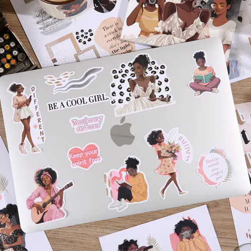 Aesthetic Sticker Book - Hand-Drawn Black Girl Design, 24-Page Premium Water-Resistant Vinyl Decorative Album, Adult DIY Art Stickers, Scrapbook Supplies for Creativity