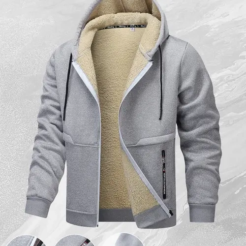 Men's Classic Fitted Woven Fleece-Lined Hooded Fleece Jacket - Casual Plain Windproof Coat with Adjustable Hood, Ribbed Hem, Beige