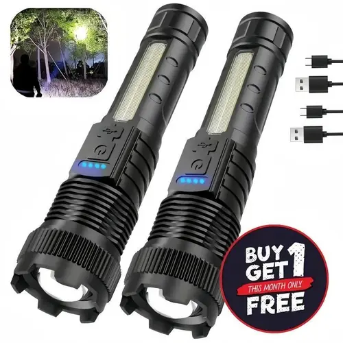 High Brightness Rechargeable 6-IN-1 Zoom Flashlight Torch - 200m Beam, USB-C Fast Charge, 3 Main Modes, 3 COB Sidelights, 25%/75% Power Display, Portable Battery Pack - Outdoor, Adjustable Beam, Compact Torch Lights for Camping, Emergencies, Adjustable Be
