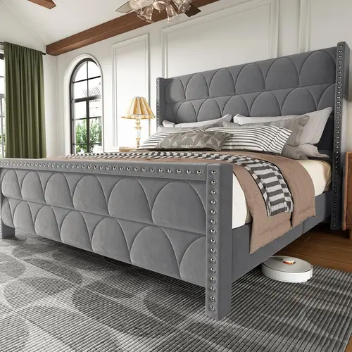 King Size Bed Frame, 56" Wingback Headboard, Velvet Upholstered, 1000LBS Capacity, Noise-Free Sturdy Wooden Slat Support Platform Bed, Velvet Upholstery, Platform Bed Design, Upholstered Panel Bed