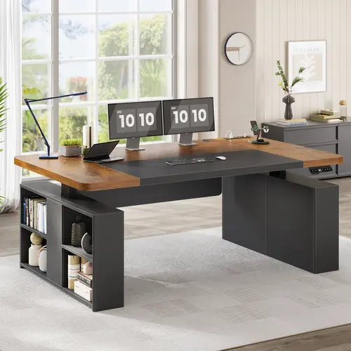 Sedeta 63x27.6in Modern Wood Multi-Functional Electric Height-Adjustable Office Computer Desk, Commercial Ergonomic Workstation with Storage Shelves, Power Outlets, Privacy Panel - Auto-Adjust, WFH Setup, Assembly Required, Multi Functional Desk