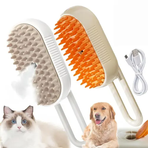3-IN-1 Steam Pet Grooming Brush with Steam Sprayer, Rubber Bristles, Moisturizing Function - Right Hand Universal Size Tool for Dogs & Cats to Remove Flying Fur (Random Color)