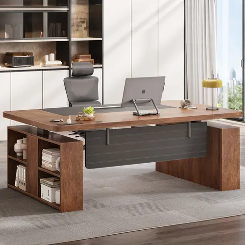 Sedeta 63" Width Sturdy Adjustable Standing Desk - Modern Rectangular Wood Workstation with 4+2 Power Ports, Open Shelf, Privacy Panel, Reversible Storage for Office Home Use, Durable Heavy-Duty Office Furniture