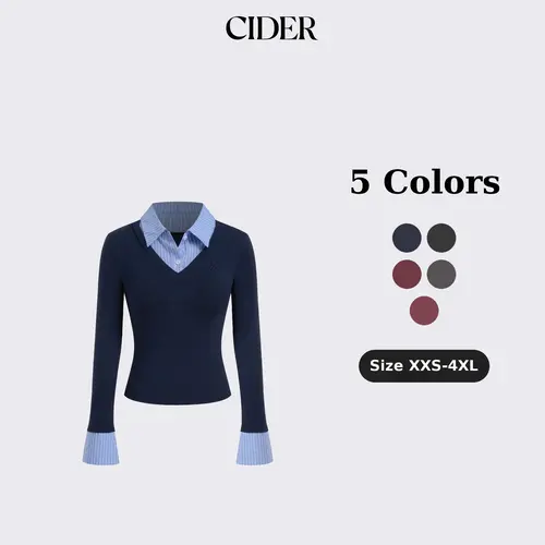 Cider Cotton-blend Collar Stripe Two Tone Top SohoChic